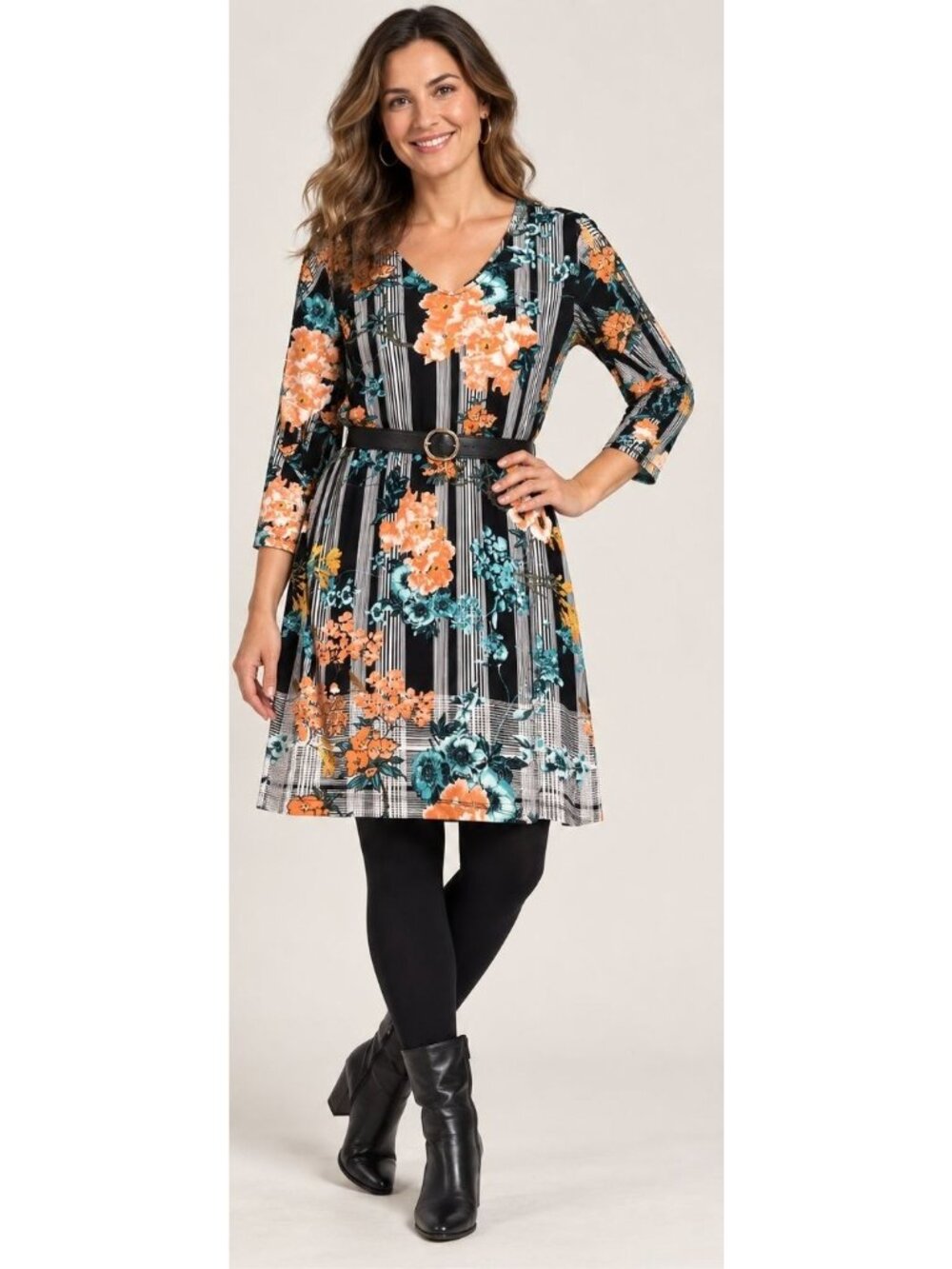 Chico's Size 3 XL-16 Floral Stripe Dress V Neck 3/4 Sleeve Boho Artsy Fall